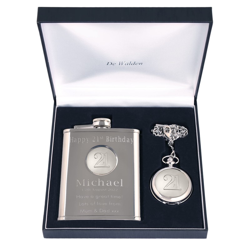 Engraved 21st Birthday 21 Feature Pocket Watch and Hip Flask