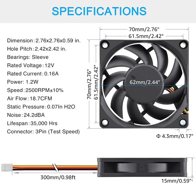 GDSTIME 70mm x 70mm x 15mm 12V 3PIN DC Brushless