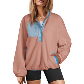 Dokotoo Winter Coats for Women Fuzzy Sherpa Fleece Color Block Button Down V Neck Long Sleeve Oversized Sweatshirt Casual Pullover Sweatshirts Sweater Hoodies Warm Cozy Jacket Clothes Pink X-Large