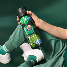 Ion8 Steel Water Bottle, 600 ml/20 oz, Leak Proof, Easy to Open, Secure Lock, Dishwasher Safe, Flip Cover, Fits Cup Holders, Carry Handle, Durable, Metal Water Bottle, Raised Print, Tanks Design