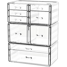 Cq acrylic Cajones de Almacenamiento Apilables Transparentes, Organizador de Maquillaje de Plástico y Contenedores de Almacenamiento de Baño con 9 Caj
