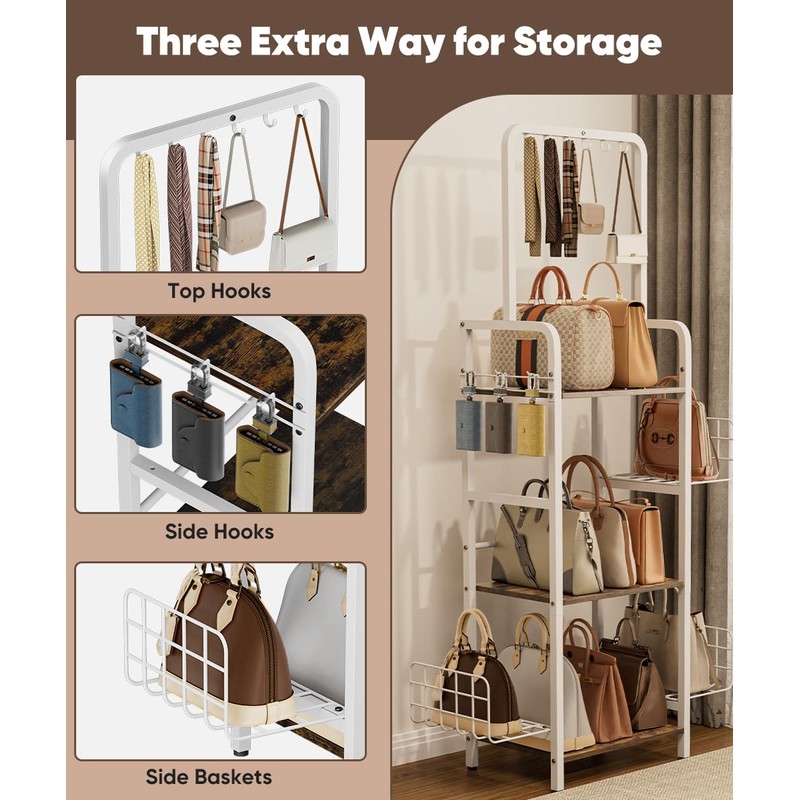Tuohours 3-Tier Tall Purse Organizer Rack Stand, Floor-Standing Bag Storage