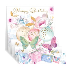 Noel Tatt 3D Pop Up Birthday Card - Happy Birthday Card with Butterflies and Balloons Design and Special Finishes - Birthday Cards for Women