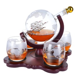 Gifts for Men Dad, Unique Anniversary Birthday Gift for Him Husband Boyfriend Groomsmen, Globe Decanter Set with 2 Glasses, Wedding Bourbon Liquor Scotch Cool Stuff Presents for Brother Her, Mahogany color