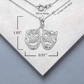 Claddagh Gold .925 Sterling Silver DC Theater Acting Masks of Comedy and Tragedy Drama Pendant Necklace, 16"