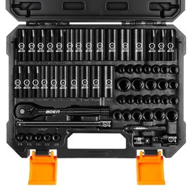 BOEN 1/4" Drive Impact Socket Set, 60-Piece Standard SAE (5/32"-9/16") & Metric (4-15mm), Deep & Shallow Kit, Includes Ratchet Handle,E-torx sockets, Reducer, Extension Bar, Universal Joint