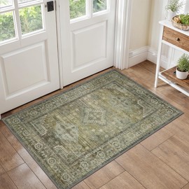 GENIMO Door Mat Small Vintage Rugs Washable Rug Foldable Floral Print Thin Rugs Non Slip Carpet for Entryway Bathroom Bedroom,60x90CM,Sage