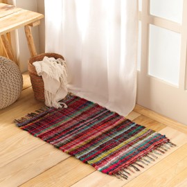 HOMEMONDE Reversible Chindi Rag Rug with Fringes | 20x32 Inches Hand-Braided Multicolor Cotton Entryway Doormat | Boho Style for Kitchen & Living Room