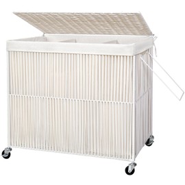 WOWLIVE Laundry Hamper with Wheels, 160L Handwoven Rolling Laundry Basket 3 Section with Lid, Clothes Hamper with 3 Removable Liner Bags, Large Laundry Sorter Laundry Room Organization, Creamy White