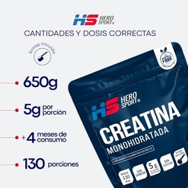 HS HERO SPORT Creatina Monohidratada de Alta Pureza 650g. Pre Entreno en Polvo. 5g de Creatina por Porción, 130 porciones por envase, 100% Pura, 100% 