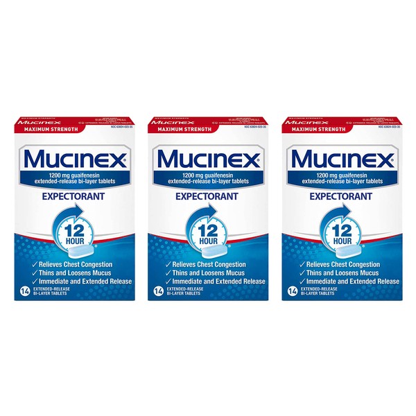Mucinex Maximum Strength 12-Hour Chest Congestion Expectorant Tablets, 14 Count (Pack of 3)
