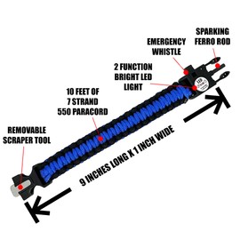 P-51 Spark and Shine Paracord Bracelet - Blue Line - Bright LED SOS Light and Ferro Rod with Scraping Tool - Emergency Survival Whistle - 550 Paracord - Perfect Tool for The Outdoors (1)