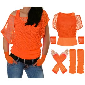 ELFIN 80s 90s Outfit Women's Mesh Shirt, Tank Top, Leg Warmers, Mesh Gloves, 80s Mesh Top Women's Tops Neon Shirt, 80s Costume Aerobics Clothing Theme Party Accessories, Orange, M