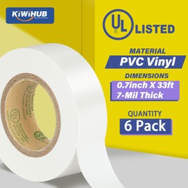 KIWIHUB White Electrical Tape, UL Approved, Industrial Grade Electrical Tape, Multipurpose Electric Tape for Wrapping Wiring Harness, Electric Insulating, 0.7in X 33ft (6 Pack)