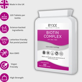 Biotin Complex 10,000µg | High Strength Biotin for Hair Growth, Skin & Nails | 120 Vegan Tablets | Made in the UK by RYXX