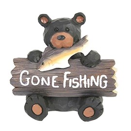 The Bridge Collection "Gone Fishing Black Bear Figurine - Rustic Wood Carved Style Resin Tabletop Black Bear Fishing Decor for Home, Cabin, Lodge, Lake House Decor