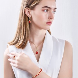 EleQueen Gold Plated Red Teardrop Cubic Zirconia Necklace Open Ring Earrings Bracelet Jewelry Set for Women, Wedding/Anniversary/Valentine's Day/Mother's Day Jewelry Gift for Brides/Wife/Girlfriend/Mom