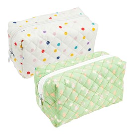 KUAOOAUK 2 Pcs Makeup Bag, Cotton Floral Travel Toiletry Bag, Portable Quilted Skincare Pouch for Women Girls Purse Collection Traveling Cosmetic Organizer (White/Green)