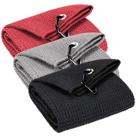 3 Pack Golf Towels - 16"x24" Tri-Fold Waffle Microfiber Golf Towel for Golf Bag/Golf Cart, Heavy-Duty Carabiner & Ultra Absorbent Fabric to Wipe Sand, Mud & Sweat (Black/Grey/Red)