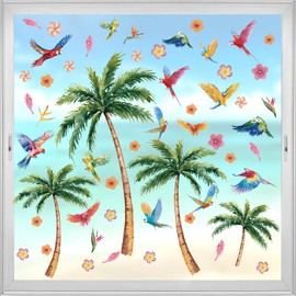 Aurlan Palm Tree Window Sticker Summer,Tropical Tree Wall Decals Parrot,Summer Plants Wall Stickers,Beach Hawaii Coastal Coconut Tropical Plants Parrot Window Clings for Glass Bedroom Bathroom Home
