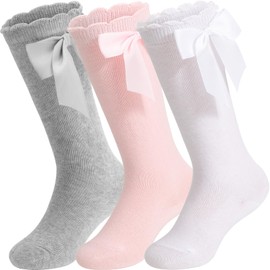 DRESHOW Baby Girl Knee Socks Toddler Dress Socks Baby Bow Stocking Cotton Infant Socks, 3 pairs knee high socks: bow 17a-01