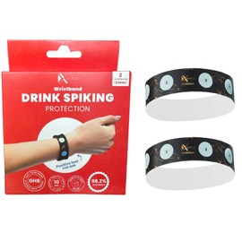Drink Check Wristband Roofie Test by Xantus | Spiked Drink Bracelet Tester Detects GHB Within 10 Seconds Test Your Drink | Spiking Protection Detector Made in USA | (2 Black Wristbands 8 Tests)
