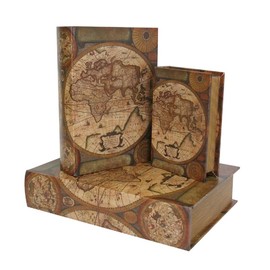 OSCool Leather Lined Faux Décor Wood Book Box Set w/ Magnet, Set of 3 (Old World Map)