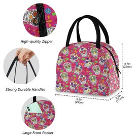 ZzWwR Chic Sugar Skulls Day of the Dead Reusable Lunch Tote Bag with Front Pocket Zipper Closure Insulated Thermal Cooler Container Bag for Man Women Work Picnic Travel Beach Fishing