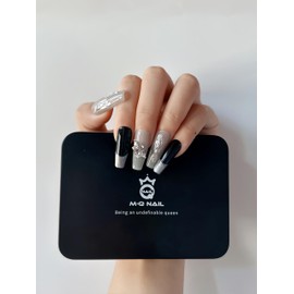 M·Q NAIL,Press on nails,Ink colored rose square long nails,Hand drawn,Includes 48 jelly glue and 2 cuticle sticks and 2 rubbing strips (Silver french, M)