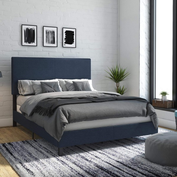 DHP Janford Upholstered Bed with Chic Design | Queen | Navy Blue Linen