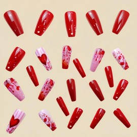 24 Pcs Valentines Press on Nails Red Heart Rose Designs Medium Coffin Shaped Fake Nails Valentines Love False Nails Full Cover Glossy Acrylic Nails Stick on Nails for Women DIY Manicure