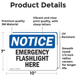 (2 Pack) Emergency Flashlight Here OSHA Notice Sign 10 Inch X 7 Inch Vinyl Label Decal Sticker Weather Resistant, UV Protected for Workplace, Business, and Construction Site, Made in the USA