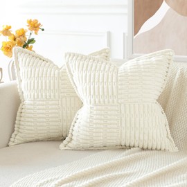 JOTOM Set of 2 Corduroy Soft Cushion Covers with Splicing 45x45 cm Striped Decorative Throw Pillow Covers Square Cushion Case Home Boho Decor Pillow Cases for Couch Sofa Bed 18x18 Inch (Cream White)