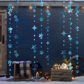 6 Strings Christmas Decorations Shiny Star Garland Space Décor Starry Night Backdrop Sun Moon Hanging Birthday Decorations New Year Banner Ramadan Streamer Wedding Party Décor (Iridescent Blue)