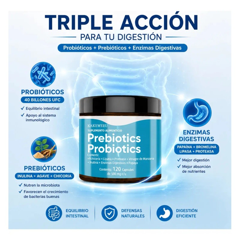 Probióticos Prebióticos Kakeweeu Enzimas Digestivas Vinagre Manzana 120 Cápsulas