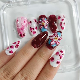 Handmade Press on Nails Almond Medium 3D Floral Thick Acrylic Fake Nails False Nails with Flower Water Drop Ink Smudge Designs Red Sturdy Nail Art Press on Nails 10Pcs(S)