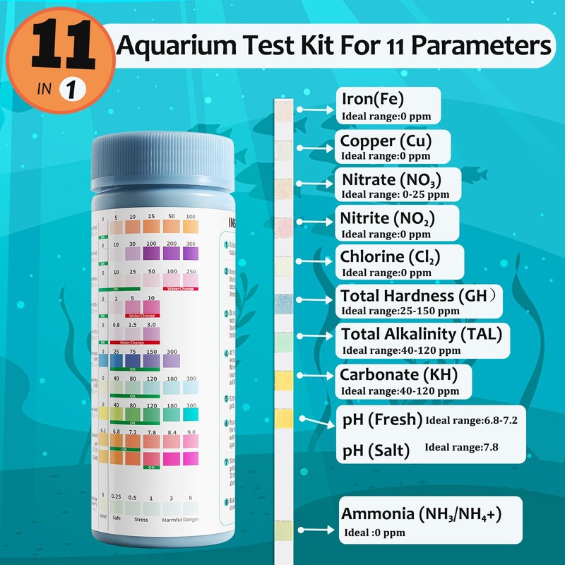 GAOQSEMG 11 in 1 Aquarium Test Strips,100 Counts Ammonia Aquarium