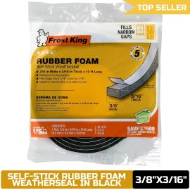 "Frost King" Frost King R338H Self-Stick Rubber Foam Weatherseal, 3/8"W, 3/16"T, Black|Blacks