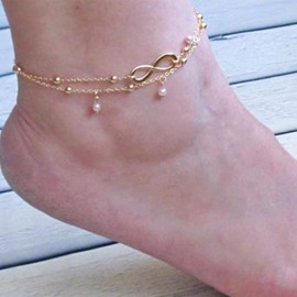 Wendalern Layered Pearl Infinity Anklet Gold Satellite Pearl Anklet Forever Symbol Anklet Beads Pendant Anklet Jewellery for Women Girls, Metal
