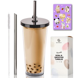24 oz Reusable Boba Cup Smoothie Tumbler with Resealable Lid Plug, Double Wall Insulated, Boba Tea Kit, Leakproof Bubble Tea Cup, Reusable Boba Straw for Boba Pearls, Bubble Tea Kit, Boba Kit (Black)