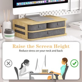 Elephance Monitor Stand Riser with 3 Drawers, Bamboo Computer Monitor Stand for Desk, Sturdy Desktop Stand with Storage, Desk Organizer for Computer Laptop Printer, No Assembly Required