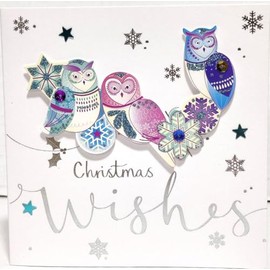 Talking Pictures - (Pack of 4) Luxurious Christmas Cards - Owls and Snowflakes