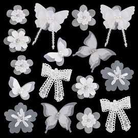 AHANDMAKER 16Pcs Butterfly Lace Flower Applique, White Organza Butterfly Patches Pearl Chiffon Floral Lace Appliques Bow Patches, Sew on Applique for Sewing DIY Craft Clothes Headbands Accessories