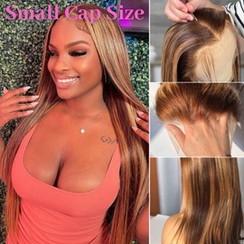 ALHER Small Cap Human Hair Wigs Honey Blonde Highlight Lace Front Wig Human Hair Pre Plucked 13x4 Straight 4/27 Ombre Color Transparent Lace Frontal Wig Soft Thick 12A Brazilian Remy Hair 22 Inch