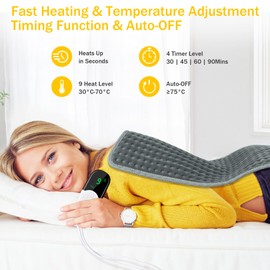 SKYAYA Electric Heat Pad Heating Pad for Back Shoulder Neck, Fast Heated Pad Electric with 9 Heat Level and 4 Timer Setting, Small Electric Blanket Auto Shut Off and Machine Washable, 30 x 60 cm, Grey