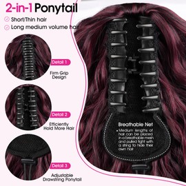 RONTAYA Ponytail Extension, 18 Inch Ombre Burgundy Red Ponytail Extension for Women Multi Layered Fluffy Thick Wavy Jaw Clip in Fake Pony Tails Fake Hair Soft Synthetic Hairpiece