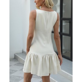 IQSQSQ Womens Sleeveless Pleated Dress Girdling A Line Solid Color Pullover Round Neck Bow Zipper Back Mini Dress(White-S)