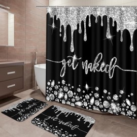 ArtSocket Silver Get Naked Bathroom Set with Shower Curtain and Bath Rugs and Accessories,Diamond Gold Non-Slip Shower Curtain Set,Bathroom Decor 3-Piece Set