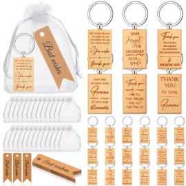 Herdear 24 Set Thank You Gifts Employee Appreciation Gifts Wooden Inspirational Keyring Keychains with Thank You Cards White Organza Bags Christmas Gifts Bulk for Colleagues Staff Women Men