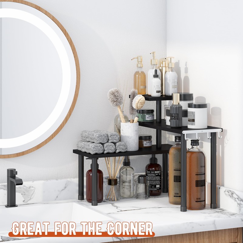 GHWIE Corner Shelf Organizer, 3 Tier Bamboo Kitchen Countertop Rack